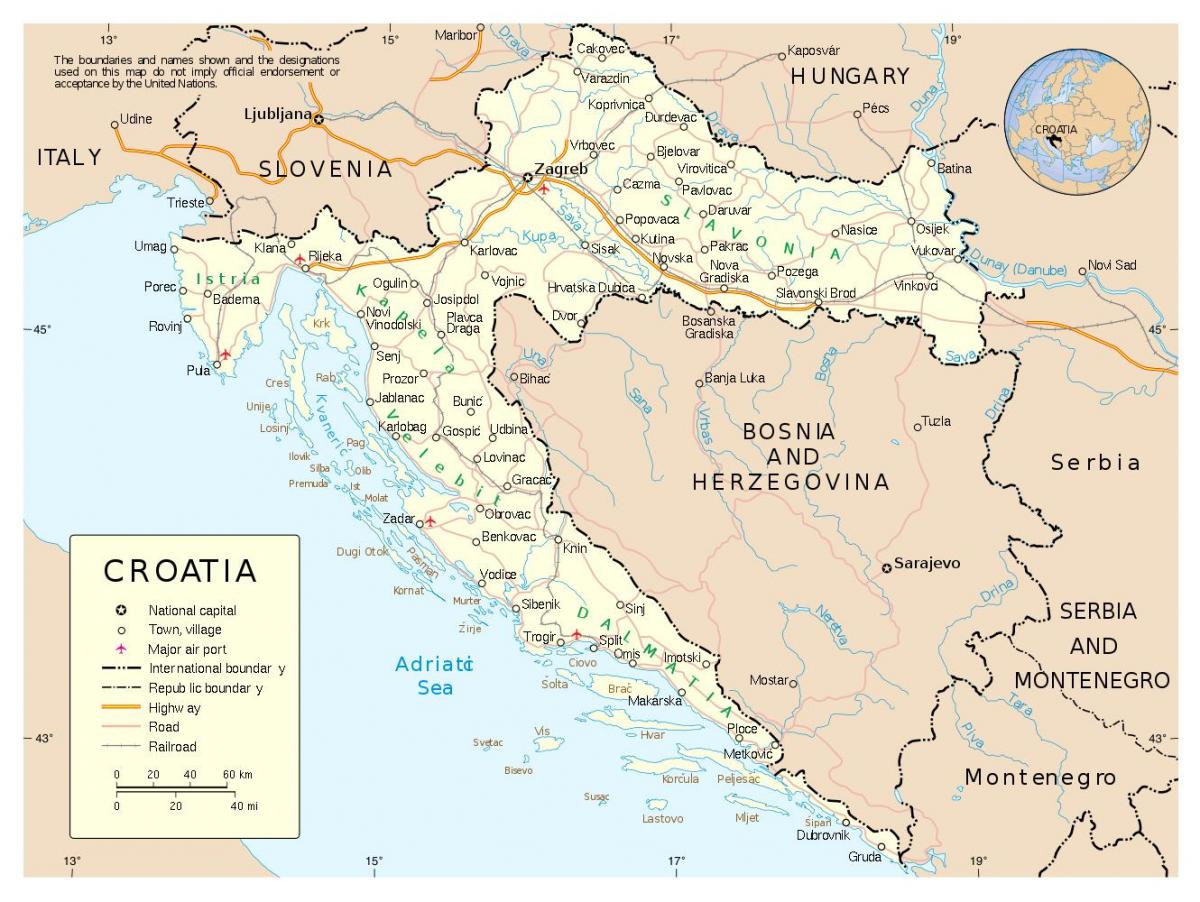 नक्शा क्रोएशिया के शहरों के साथ