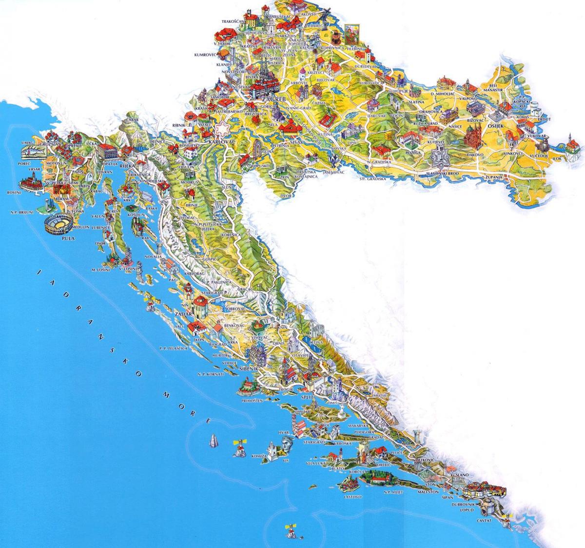 क्रोएशिया पर्यटकों के आकर्षण का नक्शा